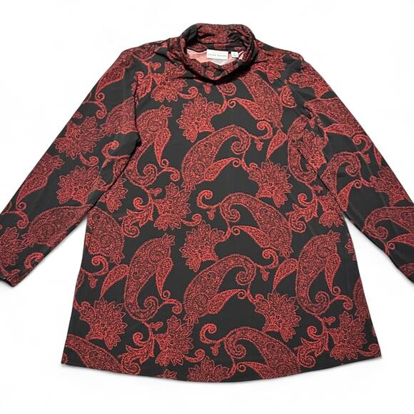 Susan Graver Red Black Paisley Tunic Top Plus Sz 1X Ruched Neck Stretch Holiday - Picture 3 of 9